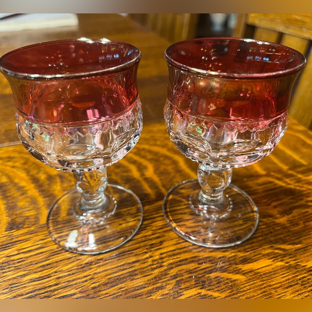 Two Tiffin Franciscan King's Crown Mini Red Thumbprint Cordial Goblets Vintage